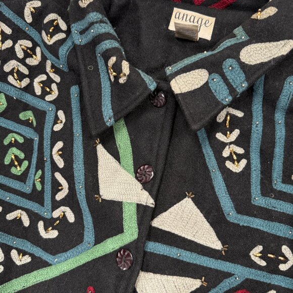 Vintage Anage Embroidered Wool Jacket Abstract Print Black Multi Size Chest 58" - Picture 4 of 13